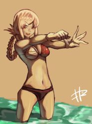 Rule 34 | 1girl, :d, bikini, braid, breasts, cleavage, fate/grand order, fate (series), florence nightingale (fate), folded ponytail, gloves, hair ornament, highres, long hair, looking at viewer, makitoshi0316, navel, open mouth, pink hair, red eyes, smile, solo, swimsuit, teeth, wading, white gloves