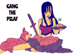 Rule 34 | 1girl, animal, bare legs, bare shoulders, black eyes, black hair, blush stickers, character name, dog, dragon ball, eyeshadow, flag, food, katana, lipstick, long hair, looking away, mai (dragon ball), makeup, nail polish, navel, ornament, pink nails, plate, ribbon, rice, simple background, skirt, smile, solo, spoon, star (symbol), sword, tank top, text focus, utensil in mouth, weapon, white background