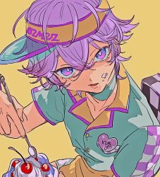 Rule 34 | 1boy, cake, eating, food, hat, highres, looking at viewer, male focus, multicolored clothes, open mouth, paradox live, purple eyes, purple hair, shirota69, short hair, short sleeves, sketch, solo, spoon, yatonokami nayuta, yellow background