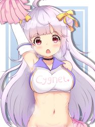 Rule 34 | 1girl, absurdres, ahoge, arm behind back, armpits, arms up, azur lane, blunt bangs, bow, braid, braided bun, character name, cheerleader, choker, collarbone, commentary request, cygnet (azur lane), cygnet (royal fanfare) (azur lane), double bun, groin, hair bow, hair bun, hair ribbon, highres, holding, long hair, looking at viewer, midriff, navel, no panties, official alternate costume, pom pom (cheerleading), red eyes, resolution mismatch, ribbon, sidelocks, silver hair, simple background, solo, source smaller, zendamu