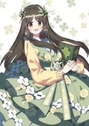 Rule 34 | 1girl, absurdres, bad id, bad pixiv id, black survival, book, breasts, brown hair, chaleu, clover, dress, eternal return: black survival, floral print, four-leaf clover, green dress, green eyes, gweon sua, hair ornament, highres, large breasts, leaf hair ornament, long hair, looking at viewer, open mouth, solo, teeth, upper teeth only