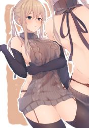 Rule 34 | 10s, 1girl, alternate costume, aran sweater, back, backless dress, backless outfit, bare shoulders, black gloves, blonde hair, blue eyes, blush, breasts, brown sweater, cable knit, cowboy shot, dress, dyson (edaokunnsaikouya), elbow gloves, from behind, garter straps, gloves, graf zeppelin (kancolle), hair between eyes, halterneck, kantai collection, large breasts, long hair, meme attire, multiple views, ribbed sweater, sideboob, skindentation, sweater, sweater dress, thighhighs, turtleneck, turtleneck sweater, twintails, virgin killer sweater