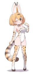 Rule 34 | 1girl, :3, adapted costume, animal ear fluff, animal ears, bare shoulders, blonde hair, bow, bowtie, commentary request, detached collar, elbow gloves, extra ears, full body, gloves, hair between eyes, highres, kemono friends, kittysuit, legs apart, leotard, nontraditional playboy bunny, one eye closed, playboy bunny, print bow, print bowtie, print gloves, print leotard, print neckwear, print thighhighs, ransusan, serval (kemono friends), serval print, serval tail, short hair, sleeveless, solo, standing, tail, thighhighs, yellow eyes