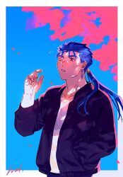 Rule 34 | 1boy, black jacket, blue hair, border, cu chulainn (fate), fate/stay night, fate (series), fingernails, hal (haaaalhal), hand in pocket, highres, jacket, long hair, long sleeves, male focus, one eye closed, parted lips, petal on nose, petals, ponytail, red eyes, shirt, signature, silver earrings, solo, upper body, white border, white shirt