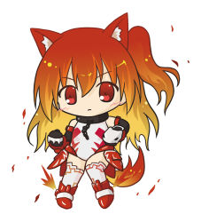 Rule 34 | 1girl, :&lt;, animal ears, bare shoulders, black gloves, blonde hair, blush, boots, chain, chibi, clenched hand, closed mouth, collar, commentary request, elbow gloves, fiery hair, fiery tail, full body, gloves, gradient hair, hair between eyes, leotard, long hair, metal collar, multicolored hair, one side up, orange hair, original, red eyes, red footwear, red hair, ri-net, simple background, solo, tail, thighhighs, v-shaped eyebrows, white background, white leotard, white thighhighs