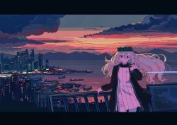 Rule 34 | 1girl, boat, building, cigarette, city, city lights, cityscape, closed mouth, cloud, cloudy sky, cogecha, commentary request, dot nose, dress, hair between eyes, hand on railing, head wreath, highres, holding, holding cigarette, horizon, leg between thighs, letterboxed, long hair, long sleeves, mountainous horizon, ocean, original, outdoors, railing, red eyes, red sky, scenery, shore, silver hair, sky, skyscraper, smile, solo, standing, striped clothes, striped dress, thighhighs, watercraft, white thighhighs