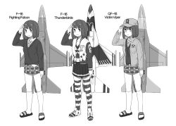 Rule 34 | 1girl, absurdres, aircraft, airplane, anyan (jooho), drone, f-16, f-16 (flight highschool), flight highschool, frown, greyscale, hat, highres, jacket, military, monochrome, multiple persona, necktie, personification, qf-16 (flight highschool), salute, sandals, shoes, smile, sneakers, socks, star (symbol), striped clothes, striped thighhighs, sweater, thighhighs, thunderbirds (team), united states air force