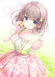Rule 34 | 1girl, arms behind back, blue eyes, blurry, blurry background, blush, breasts, brown hair, closed mouth, collarbone, dress, dress shirt, food, frilled shirt, frilled skirt, frills, from above, fruit, grass, hair between eyes, hair blowing, hair ornament, hairpin, highres, kimishima ao, lace, lace skirt, large breasts, looking at viewer, looking up, original, pink dress, pink ribbon, pink shirt, pink skirt, ribbon, shirt, short hair, short sleeves, simple background, skirt, smile, text focus
