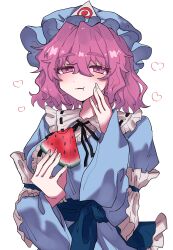 Rule 34 | 1girl, :t, absurdres, blue hat, blue kimono, commentary, eating, food, fruit, hat, heart, highres, japanese clothes, kimono, long sleeves, looking at viewer, mob cap, oyatu yatu, pink eyes, pink hair, saigyouji yuyuko, short hair, simple background, touhou, upper body, watermelon, watermelon slice, white background