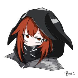 Rule 34 | 1girl, animal ears, animal hood, arknights, bastetris, commentary, covered mouth, crownslayer (arknights), fake animal ears, hair between eyes, highres, hood, hood up, looking at viewer, portrait, red eyes, red hair, signature, simple background, solo, white background