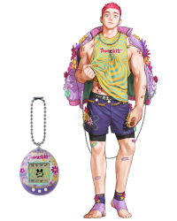 Rule 34 | 1boy, aqua eyes, bandaid, bandaid on leg, blue shorts, clothes lift, earrings, flower, full body, highres, jacket, jacket on shoulders, jewelry, male focus, muscular, muscular male, necklace, original, pectorals, personification, pink hair, pink jacket, print shirt, purple shorts, red flower, rinotuna, shirt, shirt lift, short hair, shorts, sidepec, sleeveless, sleeveless shirt, solo, standing, tamagotchi, tattoo, very short hair, white flower, yellow flower