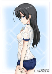 Rule 34 | 10s, 1girl, ahoge, ass, black hair, blue buruma, breasts, buruma, closed mouth, commentary, dated, diffraction spikes, flipper, from side, girls und panzer, gym shirt, isuzu hana, light frown, long hair, looking at viewer, medium breasts, no bra, one-hour drawing challenge, purple eyes, see-through, shirt, short sleeves, sideboob, solo, standing, t-shirt, twitter username, wet, wet clothes, wet hair, wet shirt, white shirt