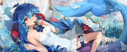Rule 34 | 1girl, absurdres, artist name, bao (vtuber), bao (vtuber) (3rd costume), blue hair, breasts, bridal garter, candy, chocolate, chocolate heart, dress, food, heart, highres, incredibly absurdres, indie virtual youtuber, letter, long hair, looking at viewer, love letter, lying, medium breasts, monosucre, on back, red eyes, sleeveless, sleeveless dress, solo, thigh scrunchie, virtual youtuber, water, white dress