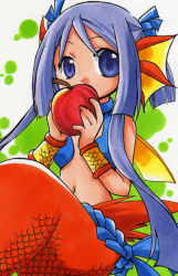 Rule 34 | 1girl, apple, blue eyes, blue hair, bracer, fins, food, fruit, head fins, holding, holding food, holding fruit, long hair, looking at viewer, marker (medium), matching hair/eyes, mermaid, millipen (medium), mixed media, monster girl, nietzsche (yggdra union), rope, scales, sitting, solo, traditional media, yggdra union