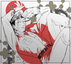 Rule 34 | 1boy, arms up, belt, breast pocket, buraiden gai, buttons, coat, commentary, cruelpansy, english commentary, expressionless, feet out of frame, flower, half-closed eyes, hat, highres, kudou gai, limited palette, long sleeves, looking at viewer, male focus, military hat, military uniform, pants, parted lips, pocket, sanpaku, scar, scar across eye, short bangs, short hair, solo, uniform
