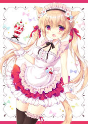 Rule 34 | 1girl, :d, animal ears, apron, black thighhighs, blonde hair, blue flower, blush, breasts, cat ears, cat girl, cat tail, cherry, cherry hair ornament, cleavage, commentary request, dutch angle, flower, food, food-themed hair ornament, frilled apron, frilled skirt, frilled thighhighs, frills, fruit, hair between eyes, hair flower, hair ornament, hasekura chiaki, holding, holding tray, long hair, looking at viewer, medium breasts, open mouth, original, parfait, pleated skirt, red eyes, red skirt, skirt, smile, solo, star (symbol), tail, thighhighs, tray, twintails, very long hair, white apron, white background, white flower, wrist cuffs