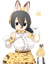 Rule 34 | 2girls, :d, alternate hairstyle, animal ears, animal print, belt, black hair, black jacket, blonde hair, blush, bow, bowtie, breasts, brown belt, cat ears, center frills, commentary request, cosplay, costume switch, cowboy shot, elbow gloves, emperor penguin (kemono friends), emperor penguin (kemono friends) (cosplay), fake animal ears, frills, gloves, hair between eyes, hairstyle switch, headphones, highres, jacket, kemono friends, large breasts, leopard print, lets0020, long bangs, looking at viewer, multicolored hair, multiple girls, numbered, one-piece swimsuit, open clothes, open jacket, open mouth, orange hair, paw pose, print bow, print bowtie, serval (kemono friends), serval (kemono friends) (cosplay), shirt, short hair, simple background, skirt, sleeveless, sleeveless shirt, smile, streaked hair, swimsuit, white background, white gloves, white one-piece swimsuit, white shirt, yellow eyes, yellow skirt