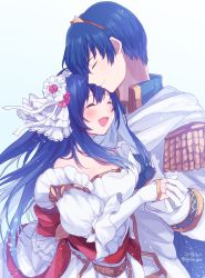 Rule 34 | 1boy, 1girl, bad id, bad twitter id, blue hair, blush, bride, caeda (bridal) (fire emblem), caeda (fire emblem), closed eyes, closed mouth, dated, dress, fire emblem, fire emblem: mystery of the emblem, fire emblem heroes, from side, gloves, groom, highres, holding hands, long hair, marth (fire emblem), nintendo, open mouth, short hair, smile, strapless, strapless dress, tearing up, tiara, tokika asr, twitter username, wedding dress, white dress, white gloves