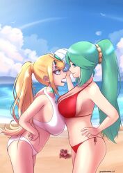 Rule 34 | 2girls, angry, annoyed, artist name, ball, beach, bikini, bird, blonde hair, blue eyes, breast press, breasts, cleavage, crab, day, earrings, face-to-face, green hair, hair between eyes, hand on own hip, hands on own hips, highres, holding, holding ball, jewelry, kid icarus, large breasts, legs, looking at another, multiple girls, mythra (xenoblade), navel, nettleseeds, nintendo, open mouth, palutena, ponytail, red bikini, side-tie bikini bottom, sideboob, sidelocks, smile, smug, standing, super smash bros., swan, swimsuit, thighs, tiara, volleyball (object), water, white bikini, xenoblade chronicles (series), xenoblade chronicles 2, yellow eyes