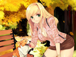 Rule 34 | 1girl, autumn, blonde hair, bracelet, breasts, cleavage, dog, green eyes, jewelry, leaf, leaning forward, long hair, mirk, necklace, shirt, sleeves rolled up, solo, suspenders, thighhighs, tree, welsh corgi, wind, zettai ryouiki