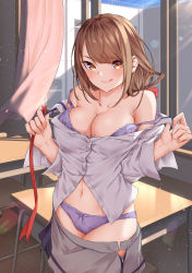 Rule 34 | 1girl, bra, breasts, brown eyes, brown hair, cleavage, desk, hair ribbon, highres, large breasts, long hair, looking at viewer, open clothes, original, panties, purple bra, purple panties, ribbon, sahara386, sex and dungeon, smile, tongue, tongue out, underwear, undressing, uniform