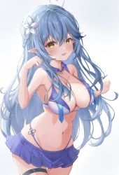 Rule 34 | 1girl, :d, ahoge, bare arms, bare shoulders, bikini, bikini under clothes, blue hair, blue skirt, blush, braid, breasts, cleavage, crop top, flower, hair flower, hair ornament, half updo, halterneck, heart, heart ahoge, highleg, highleg bikini, highres, hololive, large breasts, long hair, looking at viewer, miniskirt, multicolored hair, navel, o-ring, open mouth, pleated skirt, pointy ears, simple background, skindentation, skirt, smile, solo, stomach, streaked hair, string bikini, swimsuit, takuty, thigh strap, thighs, two-tone hair, virtual youtuber, white background, white bikini, white flower, yellow eyes, yukihana lamy