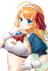 Rule 34 | 1girl, absurdres, ahoge, alternate costume, blue eyes, blush, breasts, cleavage, commentary request, daengdaeng, food, food on face, gloves, hair ornament, hair ribbon, highres, large breasts, long hair, looking at viewer, navel, orange hair, orange ribbon, pecorine (princess connect!), princess connect!, puffy short sleeves, puffy sleeves, red ribbon, ribbon, short sleeves, simple background, smile, solo, tiara, upper body, very long hair, white background, white gloves