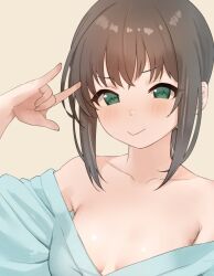 Rule 34 | 1girl, \m/, aqua kimono, bare shoulders, blush, breasts, brown hair, cleavage, closed mouth, collarbone, commentary request, crossed bangs, fubuki (kancolle), green eyes, hair between eyes, hand up, japanese clothes, kantai collection, kimono, looking at viewer, low ponytail, medium hair, off shoulder, partially undressed, sakieko, sidelocks, simple background, small breasts, smile, solo, upper body, yellow background, yukata