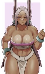 Rule 34 | 1girl, abs, animal ears, artist name, bare shoulders, blush, boku no hero academia, border, bracelet, breasts, chel (the road to el dorado), chel (the road to el dorado) (cosplay), cleavage, clenched hand, collarbone, cosplay, dark-skinned female, dark skin, earrings, gud0c, hand on own hip, hand up, highres, jewelry, large breasts, loincloth, long eyelashes, long hair, looking at viewer, mayan clothes, mirko, navel, parted bangs, pelvic curtain, pink background, pink tube top, rabbit ears, rabbit girl, raised eyebrow, red eyes, solo, stomach, strapless, the road to el dorado, thick thighs, thighs, toned, tube top, very long hair, white border, white hair, white loincloth