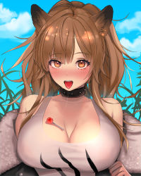 Rule 34 | 1girl, absurdres, animal ears, arknights, blue sky, blush, breasts, brown eyes, brown hair, candy, cleavage, collar, commentary request, day, food, food on body, food on breasts, guunhanchi, highres, large breasts, lion ears, lollipop, long sleeves, looking at viewer, nose blush, off shoulder, open mouth, outdoors, saliva, saliva trail, shirt, siege (arknights), sky, solo, tongue, tongue out, upper body, white shirt