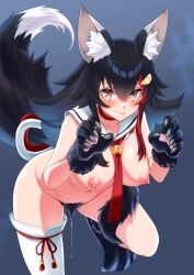 Rule 34 | 1girl, animal ear fluff, animal ears, animal hands, black background, black hair, blush, breasts, choker, closed mouth, commentary, excessive pubic hair, eyelashes, female pubic hair, foot out of frame, gloves, gradient background, hair between eyes, hair ornament, highres, hololive, leaning forward, long hair, looking at viewer, medium breasts, multicolored hair, navel, necktie, nipples, nude, ookami mio, ookami mio (1st costume), orange eyes, paw gloves, paw shoes, pubic hair, pussy juice, red choker, red hair, red necktie, sailor collar, simple background, single thighhigh, smile, solo, standing, standing on one leg, tail around own leg, thighhighs, virtual youtuber, white hair, white thighhighs, wolf ears, wolf girl, zabudog777