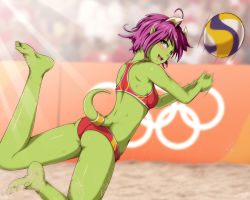 Rule 34 | 1girl, absurdres, animeflux, ass, ball, beach volleyball, bikini, colored skin, cowlick, fang, female focus, gluteal fold, green skin, heterochromia, highres, horns, leaping, monster girl, motion blur, olympic rings, olympics, open mouth, original, playing sports, pointy ears, purple hair, red bikini, sand, scales, seki (animeflux), short hair, smile, soles, sports bra, sunlight, sweatband, swimsuit, tail, toes, volleyball, volleyball (object)