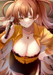 Rule 34 | 1girl, absurdres, blush, bra, breasts, brown hair, chocolate, closed eyes, dr. arach, highres, lab coat, lace, lace bra, large breasts, long hair, orange thighhighs, orange vest, shimotsukishin, smile, thighhighs, tsukihime, tsukihime (remake), underwear, vest