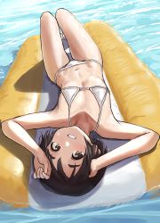 Rule 34 | 1girl, absurdres, alternate costume, bare arms, bare legs, bare shoulders, barefoot, bikini, black hair, blush, brown eyes, commentary request, day, flat chest, from above, grin, highres, inflatable raft, kantai collection, kibitarou, looking at viewer, lying, maru-yu (kancolle), micro bikini, navel, on back, outdoors, short hair, smile, solo, string bikini, swimsuit, upside-down, water, wet, white bikini