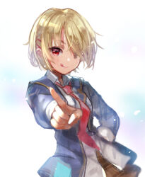 Rule 34 | 1girl, :q, blazer, blonde hair, blue jacket, brown skirt, collared shirt, hair ornament, hair over one eye, hairclip, hand on own hip, heaven burns red, jacket, kayamori ruka, long sleeves, looking at viewer, necktie, open clothes, open jacket, plaid, plaid skirt, pointing, pointing at viewer, red eyes, red necktie, school uniform, shirt, short hair, skirt, solo, starry babe, tongue, tongue out, upper body, white background, white shirt