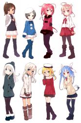 Rule 34 | 10s, 6+girls, :3, alternate costume, ankle boots, bad id, bad pixiv id, beret, black eyes, black footwear, black hair, blonde hair, blue eyes, blue footwear, blue hair, blush, boots, bow, brown eyes, brown footwear, brown hair, capelet, coat, dress, dual persona, flower, full body, glasses, gloves, green eyes, hair flower, hair ornament, hair ribbon, hands in pockets, hat, head tilt, highres, i-168 (kancolle), i-19 (kancolle), i-401 (kancolle), i-58 (kancolle), i-8 (kancolle), kantai collection, knee boots, long hair, looking at viewer, low twintails, maru-yu (kancolle), mittens, muhogame, multiple girls, open mouth, pantyhose, peaked cap, pink hair, pleated skirt, ponytail, red eyes, red hair, ribbon, ro-500 (kancolle), school uniform, short hair, shorts, simple background, skirt, smile, standing, sweater, tan, thigh boots, thighhighs, turtleneck, twintails, u-511 (kancolle), white background, winter clothes
