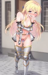 Rule 34 | 1girl, absurdres, armor, bikini, bikini armor, blonde hair, blush, breasts, cleavage, dildo, dildo under swimsuit, exhibitionism, gauntlets, goblin slayer!, greaves, heavy breathing, highres, long hair, looking at viewer, medium breasts, midriff, momihige, object insertion, open mouth, priestess (goblin slayer!), public indecency, pussy, pussy juice, sex toy, shiny skin, silver bikini, solo, sweat, swimsuit, vaginal, vaginal object insertion, vibrator, vibrator under clothes, warrior