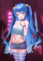 Rule 34 | 1girl, absurdres, ahoge, alternate costume, amamiya kokoro, armpit crease, bell, blue collar, blue hair, blue scrunchie, blue thighhighs, blush, breasts, collar, commentary request, crop top, denim, denim shorts, fang, gradient hair, hair bell, hair ornament, hair ribbon, highres, ishi no shita, jingle bell, long hair, looking at viewer, multicolored hair, naughty face, navel, nijisanji, no bra, open mouth, outdoors, revealing clothes, ribbon, scrunchie, short shorts, shorts, skin fang, skindentation, small breasts, smile, solo, thighhighs, twintails, variant set, very long hair, virtual youtuber, wrist scrunchie, x hair ornament, yellow eyes, zettai ryouiki