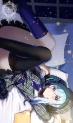 Rule 34 | 1girl, aqua hair, arm behind head, arm up, artist logo, asymmetrical legwear, bed, bed sheet, belt, beret, black gloves, black thighhighs, blue belt, blue eyes, blue hair, blue neckerchief, blue ribbon, blue socks, blurry, blurry background, blush, buttons, commentary request, convenient leg, double-breasted, feet out of frame, film grain, frilled skirt, frills, gloves, gradient hair, grey hat, grey jacket, grey skirt, hair between eyes, hair ribbon, hand up, hat, head tilt, highres, hololive, hoshimachi suisei, hoshimachi suisei (1st costume), indoors, jacket, knees together feet apart, knees up, looking at viewer, lying, miniskirt, mismatched legwear, multicolored hair, neckerchief, on back, partially fingerless gloves, pillow, plaid, plaid jacket, plaid skirt, ribbon, side ponytail, sidelocks, sideways, skirt, socks, solo, star (symbol), star in eye, symbol in eye, thighhighs, thighs, tiprip kk, virtual youtuber, window