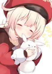 Rule 34 | 1girl, biting, blonde hair, blush, cabbie hat, child, closed eyes, closed mouth, dodoco (genshin impact), dress, ear biting, facing viewer, genshin impact, hat, holding, holding stuffed toy, klee (genshin impact), long hair, long sleeves, low twintails, pointy ears, puffy long sleeves, puffy sleeves, red dress, red hat, sidelocks, simple background, sleeves past wrists, solo, stuffed toy, translation request, tutsucha illust, twintails, white background