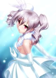 Rule 34 | 10s, 1girl, bare shoulders, breasts, drill hair, elbow gloves, gloves, hat, idolmaster, idolmaster cinderella girls, jpeg artifacts, kanzaki ranko, long hair, pure white memories, red eyes, sideboob, silver hair, solo, twin drills, twintails, zen