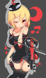 Rule 34 | 1girl, absurdres, adapted costume, black dress, black hat, black thighhighs, blonde hair, blush, bra, can, commentary request, crescent, dress, drink can, electric violin, floating, floating object, frilled hat, frills, grey background, hair ornament, hairclip, hat, highres, inon, instrument, looking at viewer, lunasa prismriver, mini hat, musical note, off-shoulder dress, off shoulder, one eye closed, open mouth, pointy hat, red bra, short sleeves, simple background, soda can, thighhighs, touhou, underwear, violin, yellow eyes