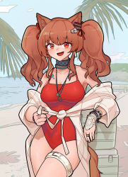 Rule 34 | 1girl, :d, absurdres, angelina (arknights), angelina (summer flower) (arknights), animal ears, arknights, beach, black collar, blue sky, bracelet, breasts, brown hair, cleavage, collar, cowboy shot, earpiece, fox ears, fox girl, fox tail, hair ribbon, highres, infection monitor (arknights), jewelry, light blush, looking at viewer, medium breasts, multiple rings, necklace, official alternate costume, one-piece swimsuit, open mouth, outdoors, palm leaf, red eyes, red one-piece swimsuit, red ribbon, ribbon, ring, sand, sarong, sky, smile, solo, swimsuit, tail, thigh strap, thighs, twintails, water, white sarong, yinml yinian