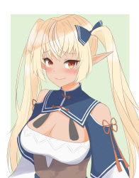 Rule 34 | 1girl, absurdres, blonde hair, blue bow, blush, bow, breasts, cleavage, dark-skinned female, dark skin, elf, green background, hair bow, highres, hololive, large breasts, long hair, looking at viewer, pointy ears, red eyes, ritohasu 0522, shiranui flare, shiranui flare (old design), simple background, solo, twintails, upper body, virtual youtuber