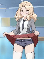 Rule 34 | 1girl, black necktie, blonde hair, blue shorts, blush, breasts, classroom, closed eyes, clothes lift, girls und panzer, indoors, kakeru (msjatl80), kay (girls und panzer), lifting own clothes, long hair, necktie, pleated skirt, red skirt, saunders school uniform, school uniform, short shorts, shorts, skirt, skirt lift, small breasts, smile, solo, standing, thighhighs, white thighhighs
