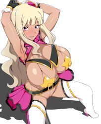 Rule 34 | 1girl, absurdres, alternate color, alternate hair color, armpits, arms up, black gloves, blonde hair, blunt bangs, blush, breasts, cleft of venus, covered erect nipples, dark-skinned female, dark skin, gloves, gold trim, hat, highres, huge breasts, idolmaster, idolmaster (classic), idolmaster stella stage, jabara tornado, long hair, looking at viewer, mini hat, open mouth, overskirt, pasties, pink eyes, pole, pole dancing, shadow, shijou takane, simple background, smile, solo, star pasties, sweat, thighhighs, transparent background, white thighhighs