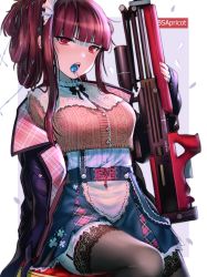Rule 34 | 1girl, artist name, black thighhighs, blush, breasts, bsapricot, bullpup, candy, food, girls&#039; frontline, gun, hair ribbon, highres, holding, holding gun, holding weapon, jacket, lace, lace-trimmed legwear, lace trim, large breasts, lollipop, long hair, looking at viewer, maid headdress, mouth hold, multiple piercings, nail polish, off shoulder, one side up, open mouth, purple hair, purple jacket, red eyes, red nails, ribbon, rifle, sitting, skirt, sniper rifle, solo, thighhighs, wa2000 (girls&#039; frontline), walther, walther wa 2000, weapon