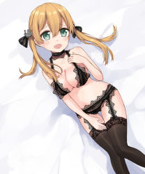 Rule 34 | 10s, 1girl, alternate costume, anchor hair ornament, aqua eyes, bare arms, bare shoulders, black bra, black panties, black thighhighs, blonde hair, blush, bra, breasts, cleavage, collarbone, commentary request, garter straps, hair ornament, highres, kantai collection, kinatsu ship, lingerie, looking at viewer, low twintails, medium breasts, open mouth, panties, prinz eugen (kancolle), solo, stomach, thighhighs, twintails, underwear, underwear only