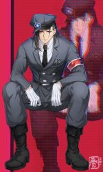 Rule 34 | 1boy, armband, barou shouei, belt, black belt, black hair, black necktie, blue lock, boots, buttons, closed mouth, collared shirt, gloves, grey hat, hair down, halu-ca, hat, highres, holding, lapels, long hair, long sleeves, male focus, military, military hat, military uniform, necktie, notched lapels, red eyes, shirt, shoelaces, signature, sitting, solo, uniform, white gloves