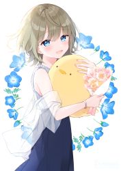 Rule 34 | 1girl, animal, animal hug, bare shoulders, bird, blouse, blue eyes, blue flower, blue skirt, bouquet, brown hair, chick, commentary request, copyright request, flower, from side, fukunoki tokuwa, hair between eyes, highres, holding, holding bouquet, looking at viewer, looking to the side, pink flower, ribbed shirt, see-through, shirt, simple background, skirt, sleeveless, sleeveless shirt, solo, virtual youtuber, white background, white flower, white shirt